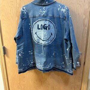 LOGO by Lori Goldstein Denim Jacket with White Splatter and Smiley Design